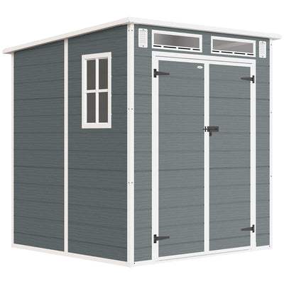 6x6ft Outsunny plastic garden shed in grey with a pent roof, double doors and windows