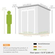 Dimension diagram of the 6x6ft shed: 182 x 182 cm footprint, 196 cm front and 184 cm rear height