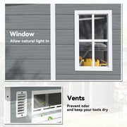 Close-ups of the shed's clear window and its louvred air vent in the wall panel