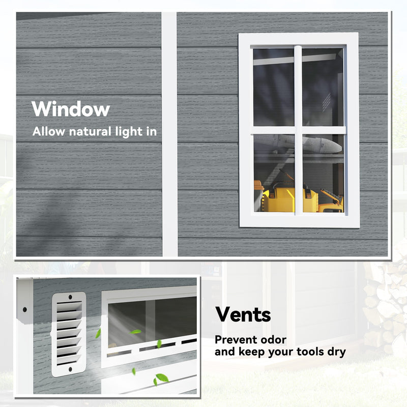 Close-ups of the shed's clear window and its louvred air vent in the wall panel