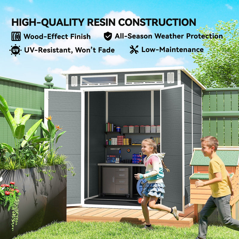 Wood-effect resin shed labelled UV-resistant, weatherproof and low-maintenance