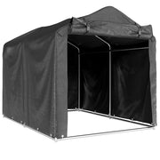 Dark grey 1.6x2.2m garden storage tent with open front on a white background