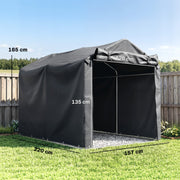 Dark grey storage tent dimensions diagram showing 165cm high, 220cm deep and 157cm wide