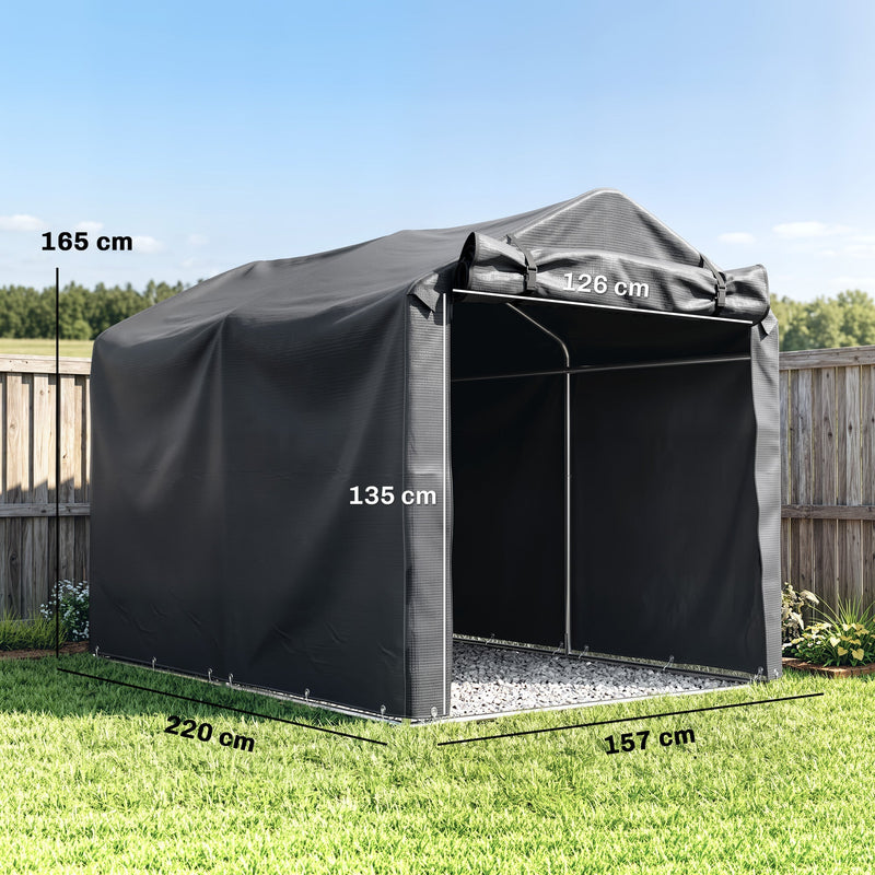 Dark grey storage tent dimensions diagram showing 165cm high, 220cm deep and 157cm wide