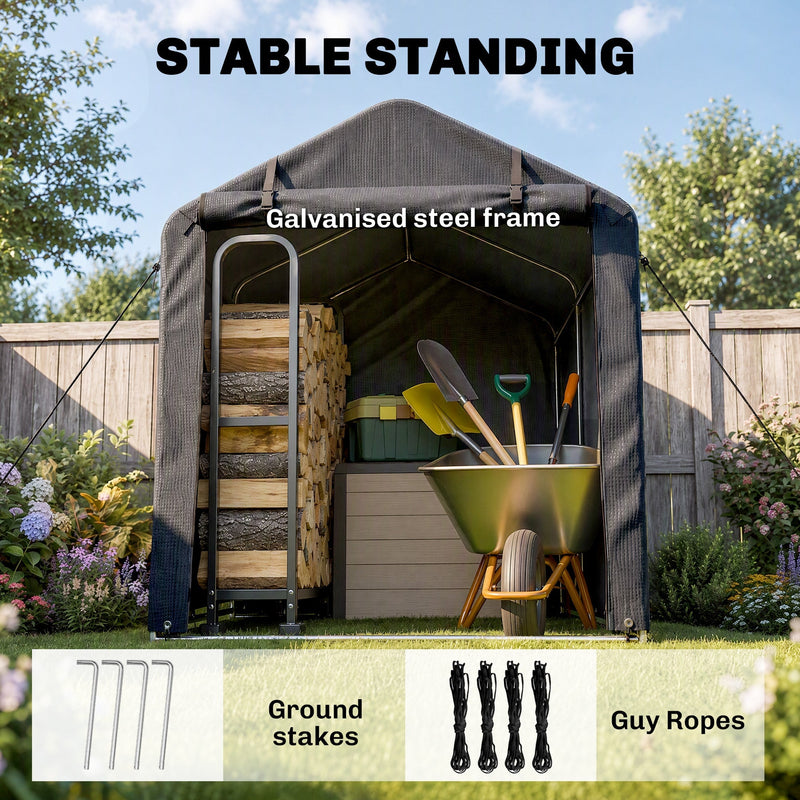 Dark grey storage tent with galvanised steel frame, ground stakes and guy ropes shown below
