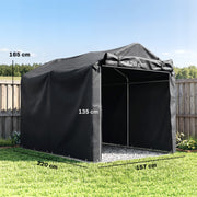 Black storage tent dimensions diagram showing 165cm high, 220cm deep and 157cm wide