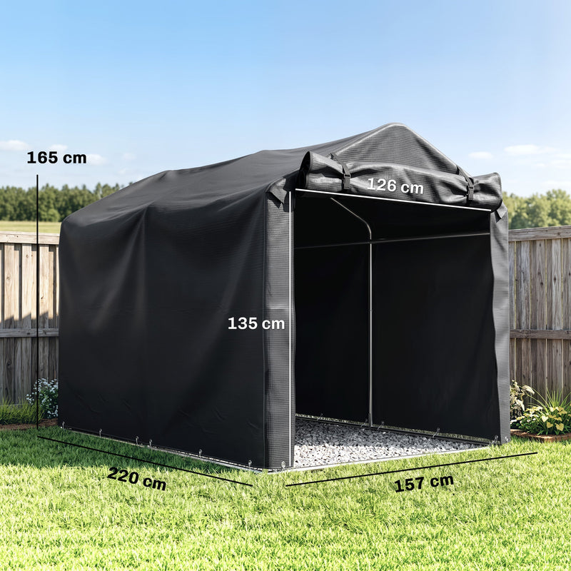 Black storage tent dimensions diagram showing 165cm high, 220cm deep and 157cm wide