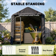 Black storage tent with galvanised steel frame, ground stakes and guy ropes shown below