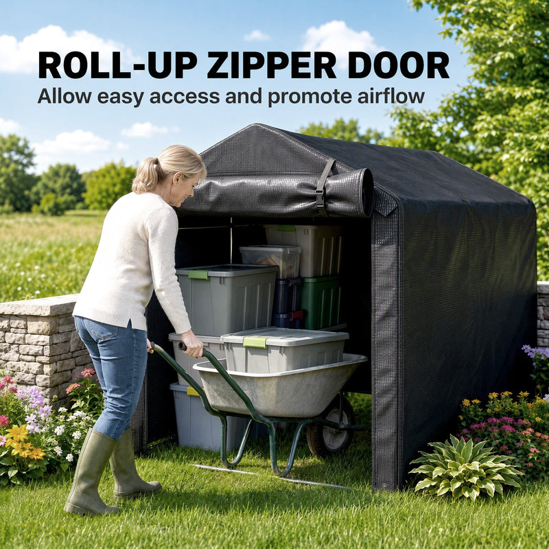 Woman wheeling a wheelbarrow of crates into the black tent through the roll-up zipper door