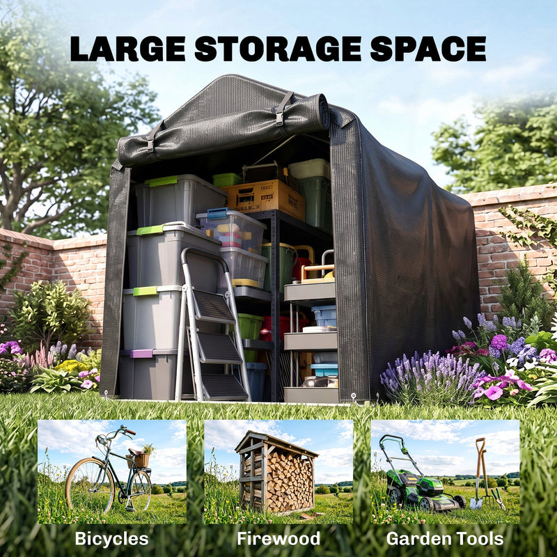 Black tent packed with crates and a ladder, with bicycle, firewood and garden tool examples