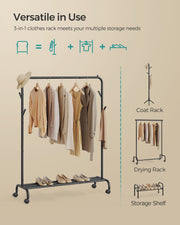 Diagram showing the SONGMICS garment rack used as a coat rack, drying rack, and shoe storage shelf