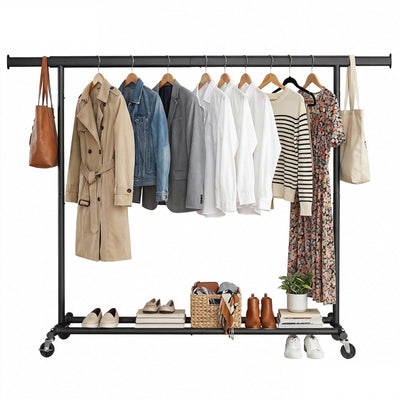 Songmics garment rail styled with coats, jackets and shoes on white background