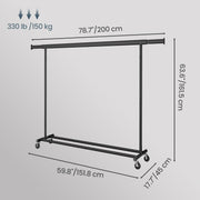 Dimensions diagram of Songmics garment rail showing extendable width, height and weight capacity
