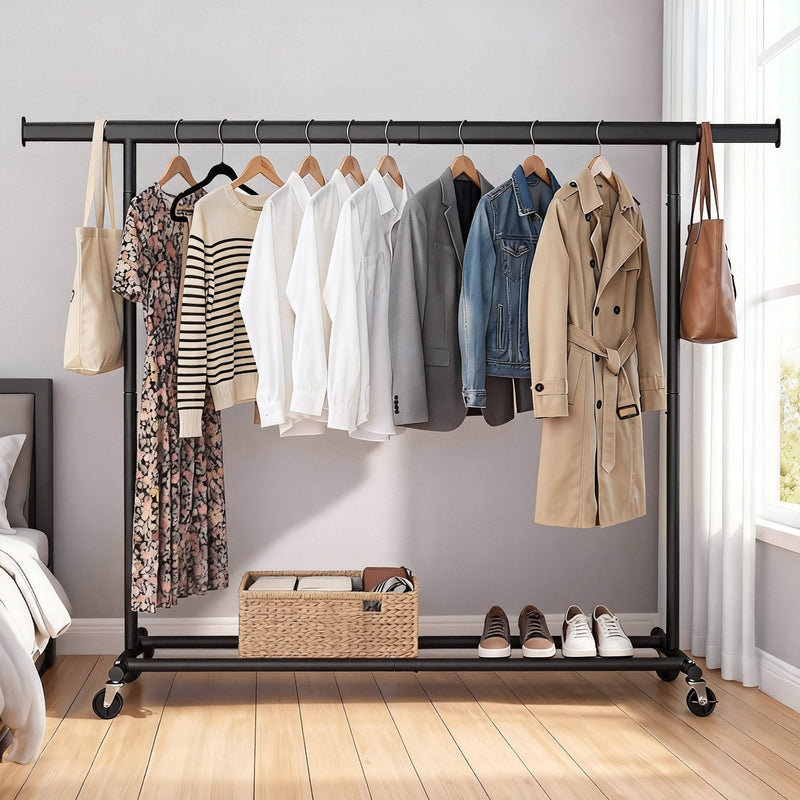 Songmics garment rail with coats and bags in a bedroom setting