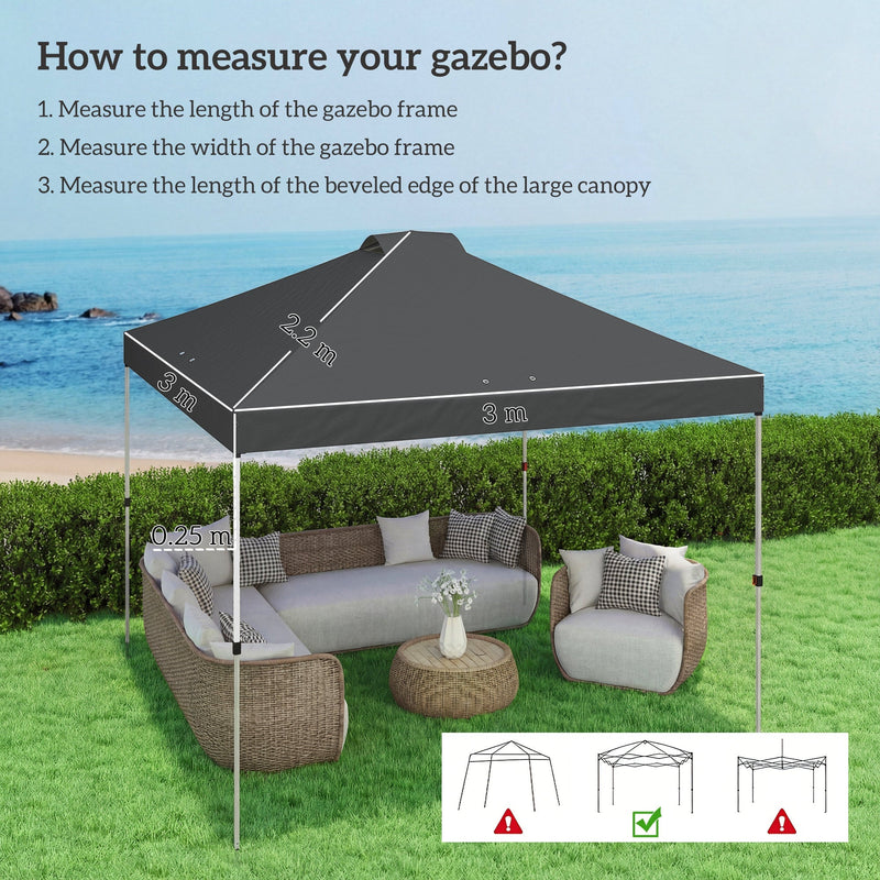 How to measure your gazebo diagram showing 3m x 3m frame size and 0.25m eaves height