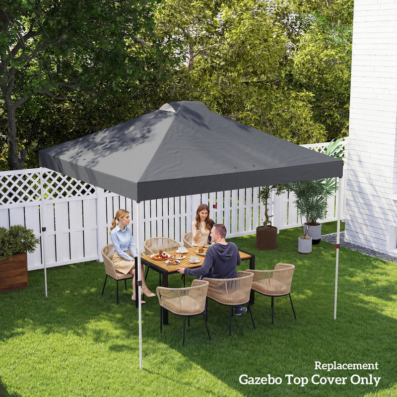 Family dining under the canopy in the garden on a sunny day