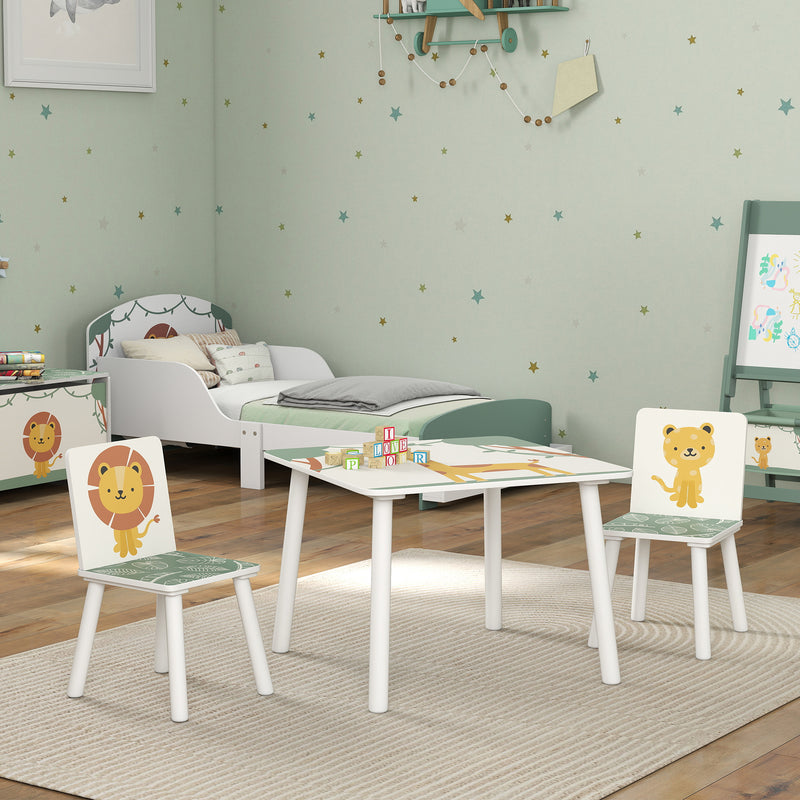 3 Piece Animal Themed Kids Table and 2 Chair Set with Storage for Playroom or Bedroom, Green
