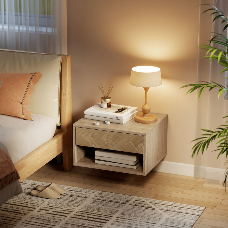 Floating Bedside Tables Set of 2 with Drawer and Shelf for Space Saving Storage Natural Wood AOSOM