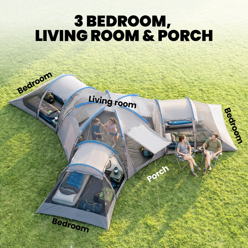 6-9 Person Tunnel Camping Tent With 3 Bedrooms, Living & Porch, Light Grey