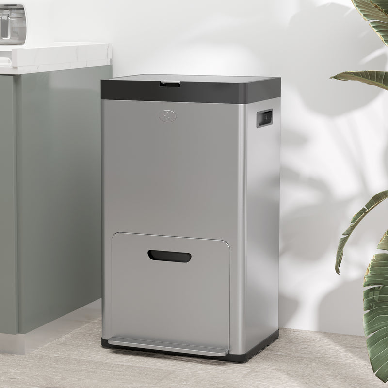56L Stainless Steel Triple Kitchen Recycling Bin With Deodoriser Holders and Wheels by HOMCOM