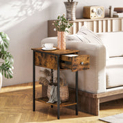 Slim Side Table with Drawer and Storage Shelf Ideal for Small Spaces, Rustic Brown