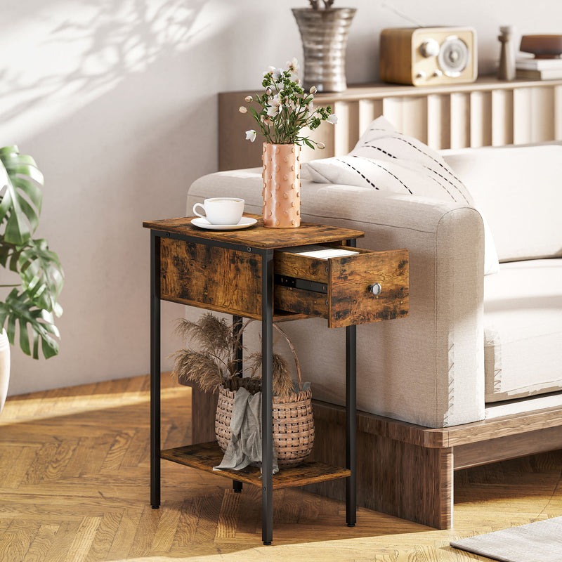 Slim Side Table with Drawer and Storage Shelf Ideal for Small Spaces, Rustic Brown