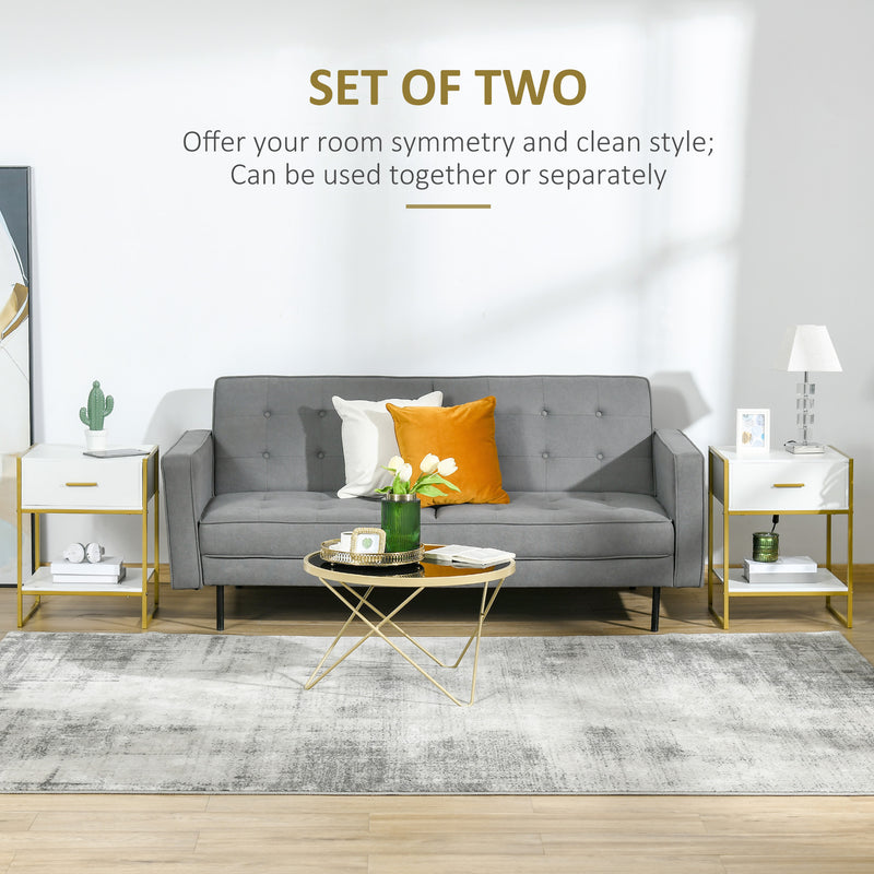 Set of 2 Modern Bedside Tables With Drawer and Shelf for Bedroom or Lounge White and Gold