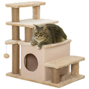 Beige Adjustable Cat Steps with House and Hanging Toy for Indoor Play by PawHut