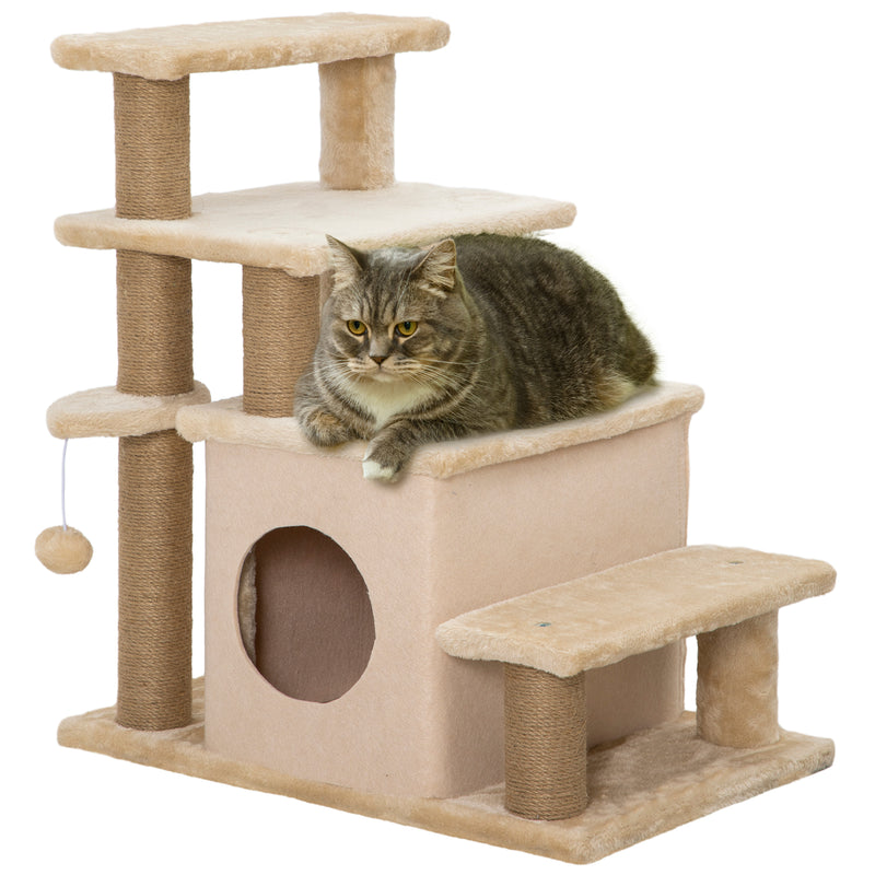 Beige Adjustable Cat Steps with House and Hanging Toy for Indoor Play by PawHut