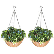 Set of 2 Artificial Hanging Flower Baskets with Pinecones for Home or Office Decor, Green