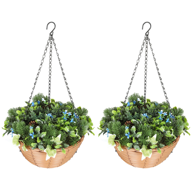 Set of 2 Artificial Hanging Flower Baskets with Pinecones for Home or Office Decor, Green