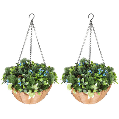 Set of 2 Artificial Hanging Flower Baskets with Pinecones for Home or Office Decor, Green