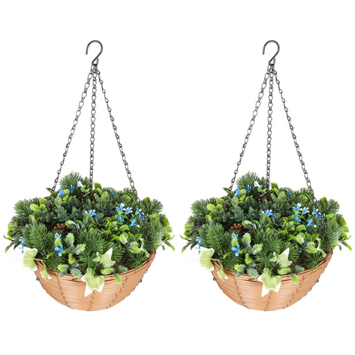 Set of 2 Artificial Hanging Flower Baskets with Pinecones for Home or Office Decor, Green