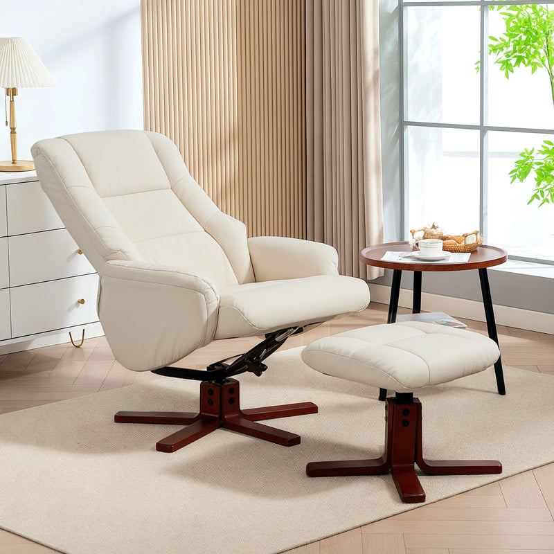 Cream Faux Leather Rocking Recliner Chair with Matching Footstool and Wood Base for Living Room Comfort