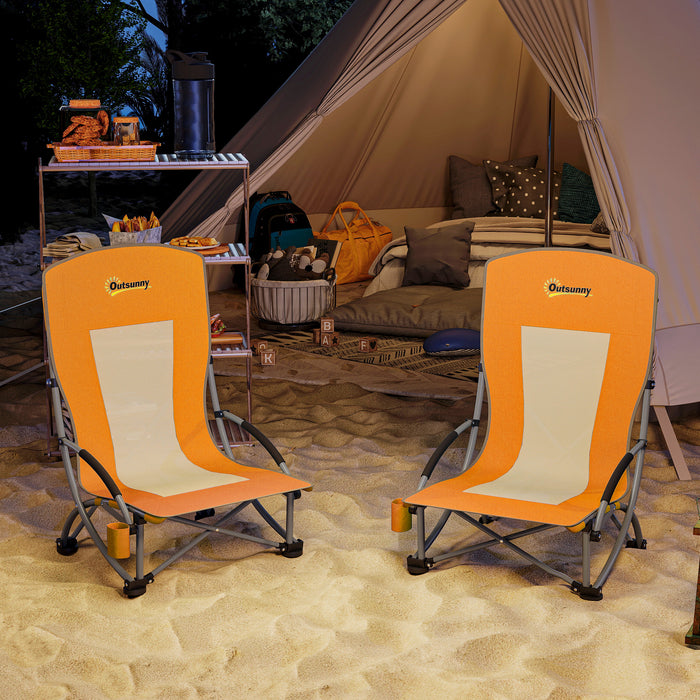 Set of 2 Orange Folding Beach Chairs with Mesh Back Cup Holder and Carry Bag for Outdoor Use