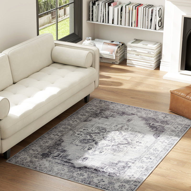 Vintage Style Washable Flannel Rug Non Slip Carpet for Living Room or Bedroom Grey 170x120cm