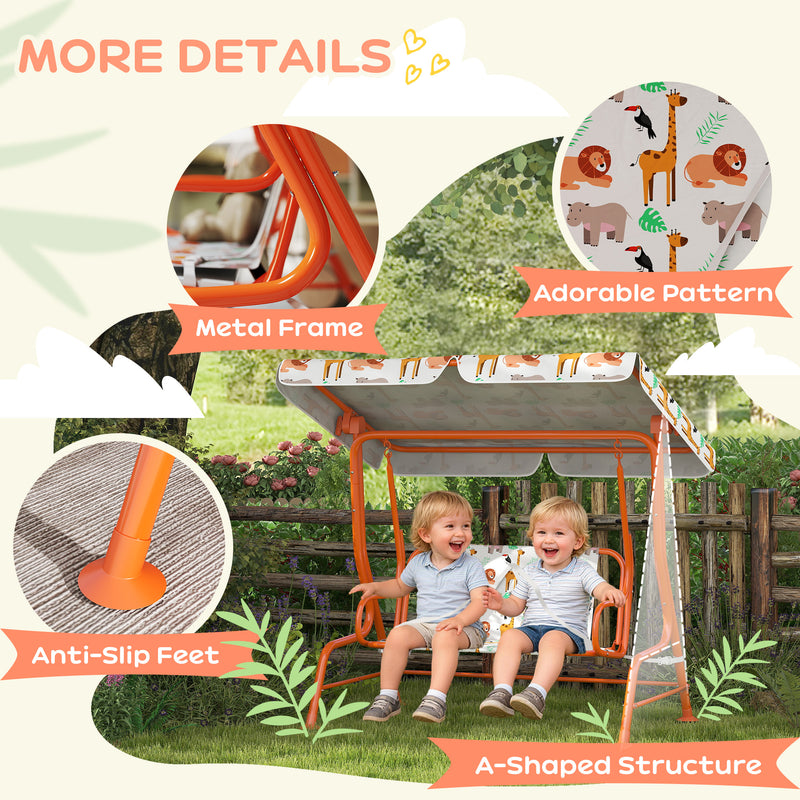 2 Seater Kids Garden Swing Bench With Adjustable Canopy And Safety Belts, Orange Aiyaplay