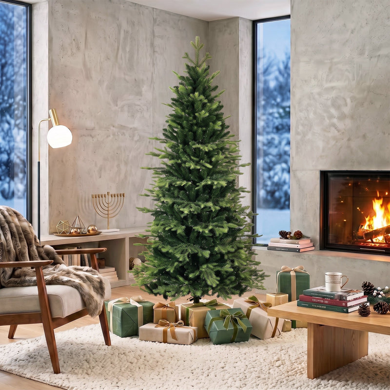 Geneva fir tree in a modern room with a concrete wall, a fireplace and wrapped gifts beneath