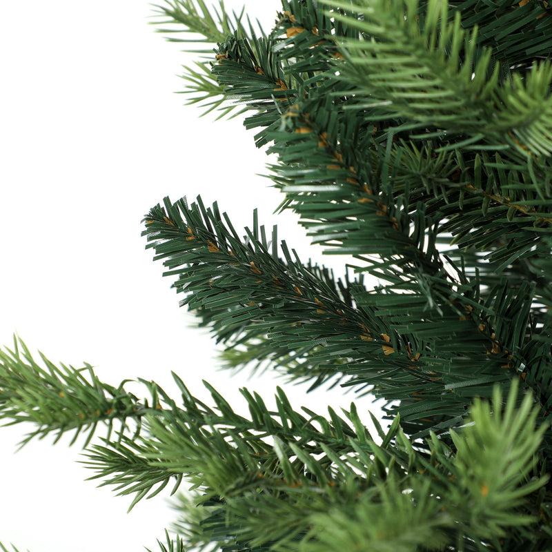 Close-up of green Geneva fir PE and PVC branch tips on a white background