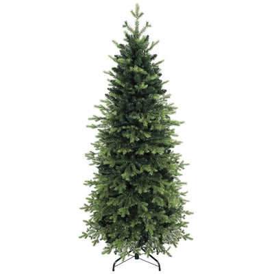 Green 6ft Geneva fir artificial Christmas tree on a black steel stand, white background