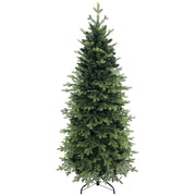 Green 7ft Geneva fir artificial Christmas tree on a black steel stand, white background