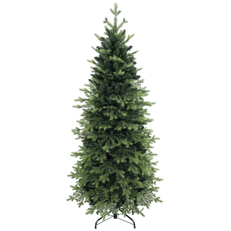 Green 7ft Geneva fir artificial Christmas tree on a black steel stand, white background