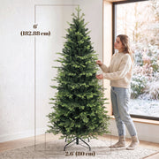 Dimensions of the 6ft Geneva fir tree: 182.88 cm (6ft) high and 80 cm wide, with a woman beside it