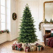6ft Geneva fir tree in a living room with a mirror, fireplace and wrapped gifts under the branches