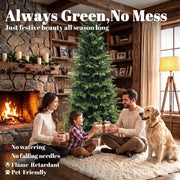 Family with a golden retriever by a stone fireplace next to the tree, with no watering, no falling needles, flame-retardant and pet-friendly callouts