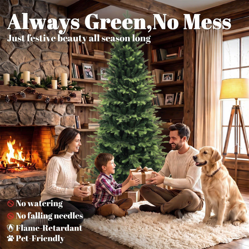 Family with a golden retriever by a stone fireplace next to the tree, with no watering, no falling needles, flame-retardant and pet-friendly callouts