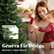 Close-up of the 6ft tree's 1610 branch tips in a Geneva fir design, with a mother and child behind