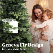 Close-up of the 7ft tree's 2079 branch tips in a Geneva fir design, with a mother and child behind