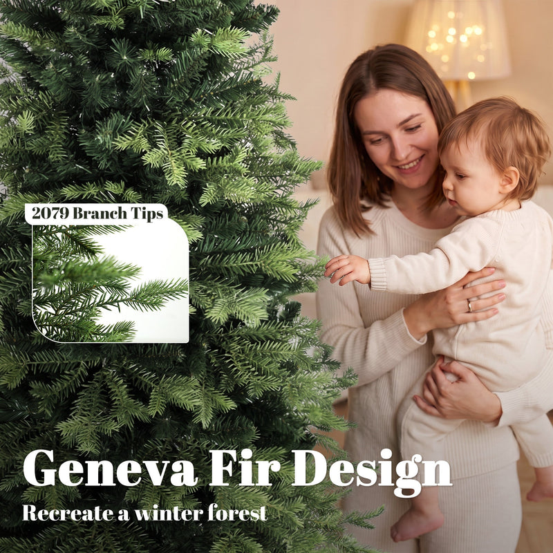 Close-up of the 7ft tree's 2079 branch tips in a Geneva fir design, with a mother and child behind