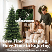 Family reading in an armchair by the tree, with a callout showing hinged branches dropping into place